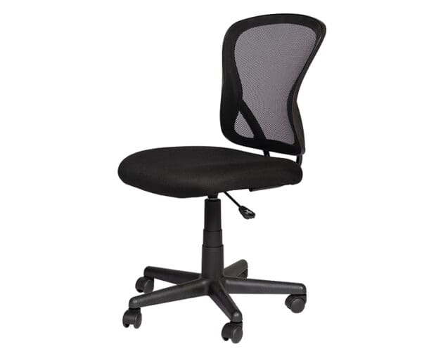 Armless task chair with black mesh back and upholstered seat.