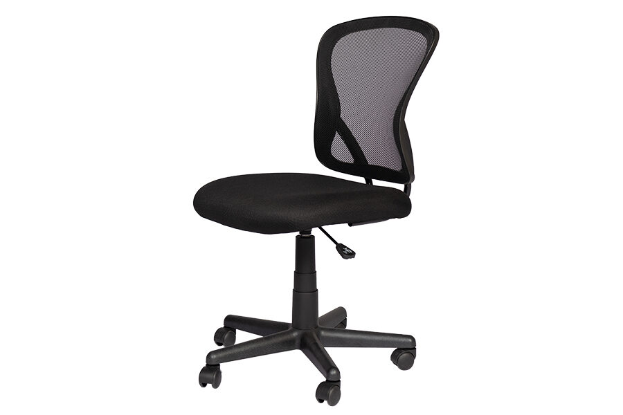 Armless task chair with black mesh back and upholstered seat.