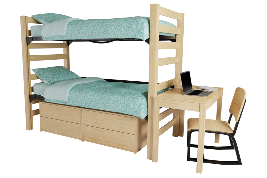Graduate Series Bunk Bed in Natural with Writing Desk and 2-drawer storage chest