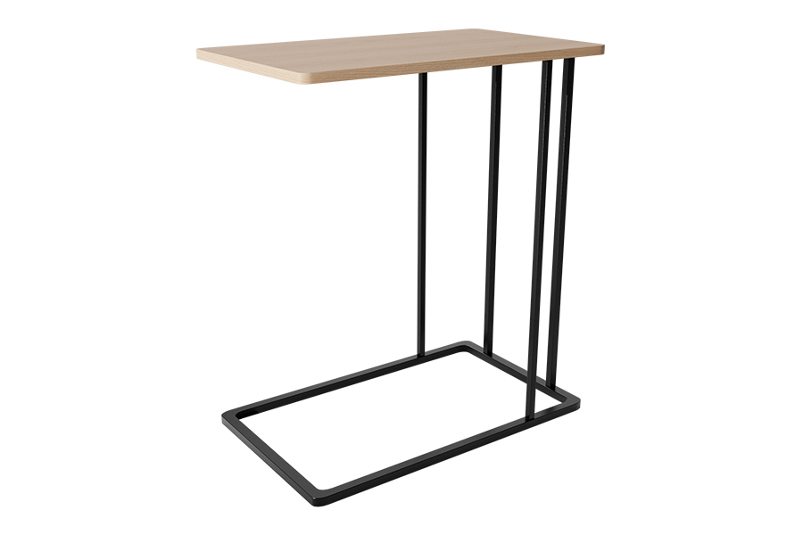 Accent end table in c-shape with laminate top and metal base. Shown in New Age oak and black metal base.