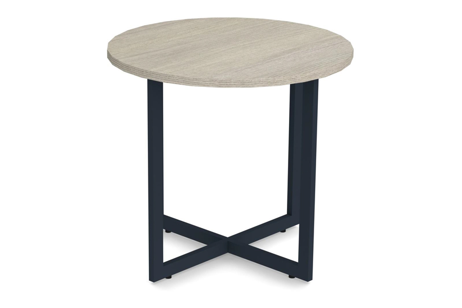 Circle end table in black metal finish and new age oak laminate top.