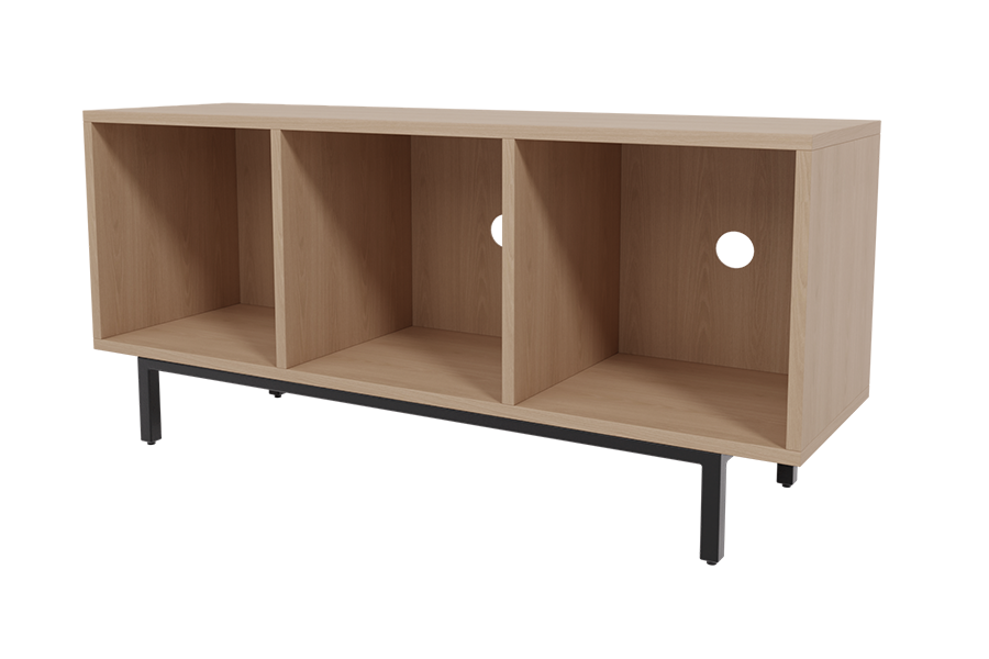 Shelved Entertainment Unit with black metal frame and New Age Oak Laminate