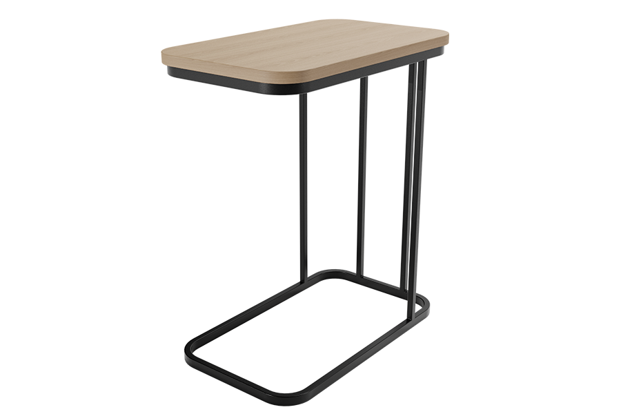 Accent end table in c-shape with laminate top and metal base. Shown in New Age oak and black metal base.