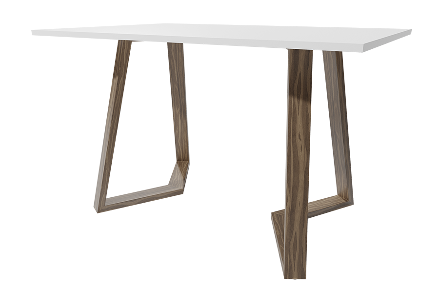 White Dining table with laminate top and metal legs.