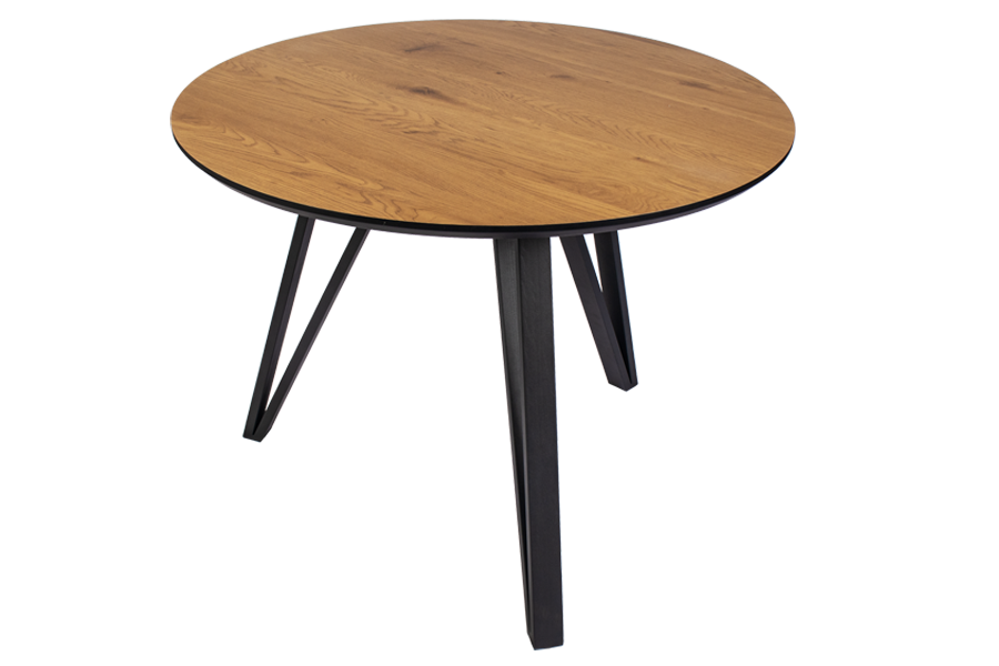 Round Dining Table with laminate top and metal legs.