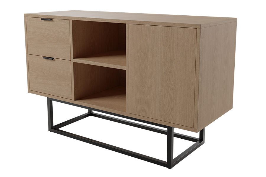 ENTERTAINMENT CENTER WITH TWO DRAWERS, TWO CUBBIES AND ONE DOOR. LAMINATE CONSTRUCTION WITH METAL FRAME in New Age Oak